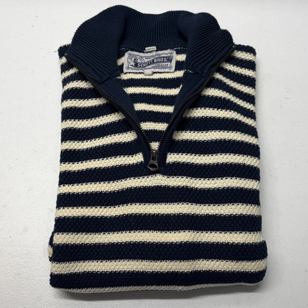 Schott Striped Waffle Weave 1/4 Zip Sweater Men's Small Navy & Cream 100% Cotton
